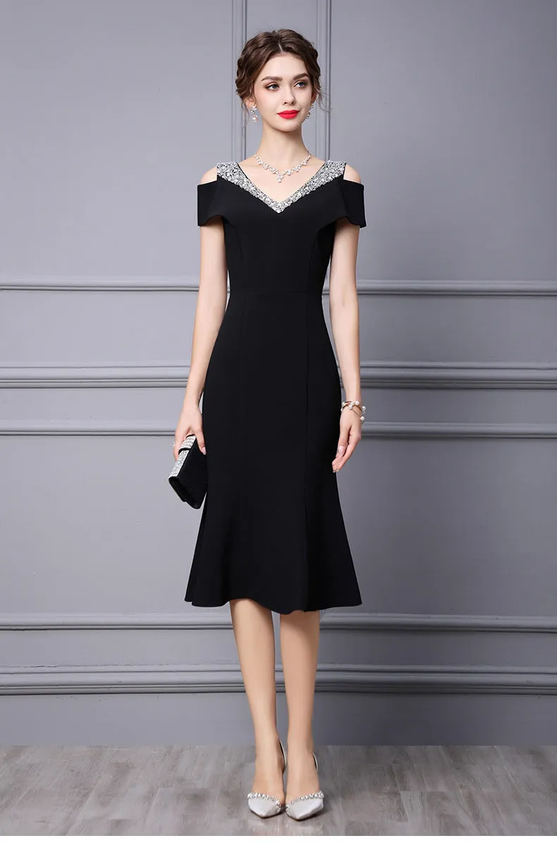 Off Shoulder Midi Fishtail Dress with Rhinestone Trim