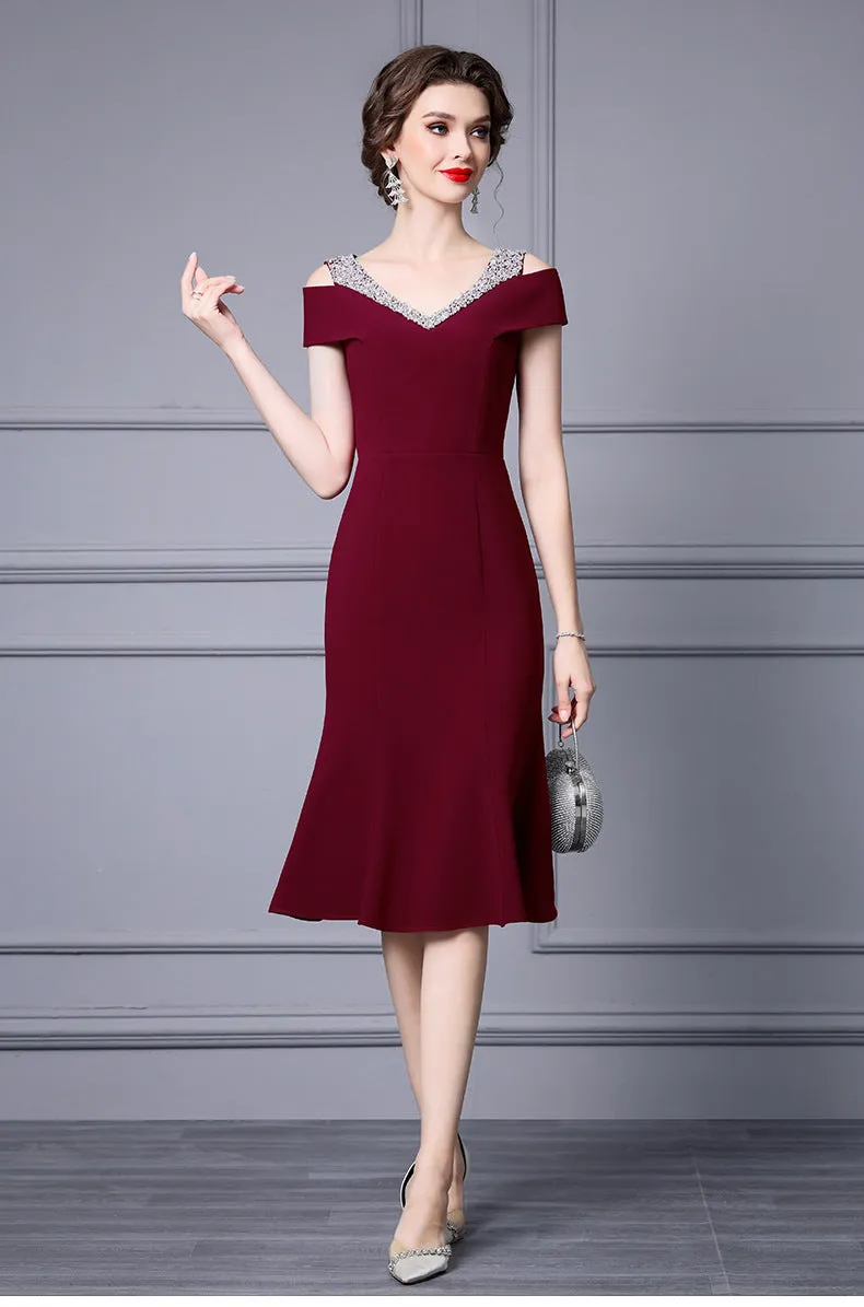 Off Shoulder Midi Fishtail Dress with Rhinestone Trim