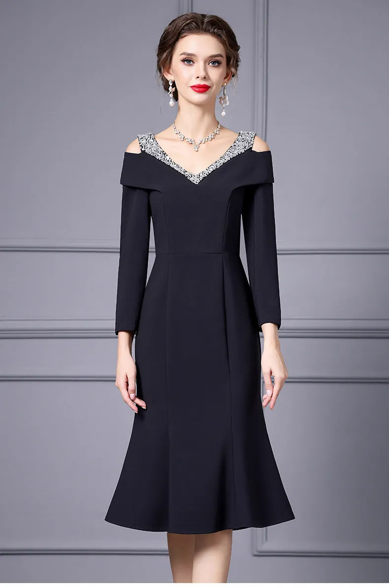 Off Shoulder Midi Fishtail Dress with Rhinestone Trim