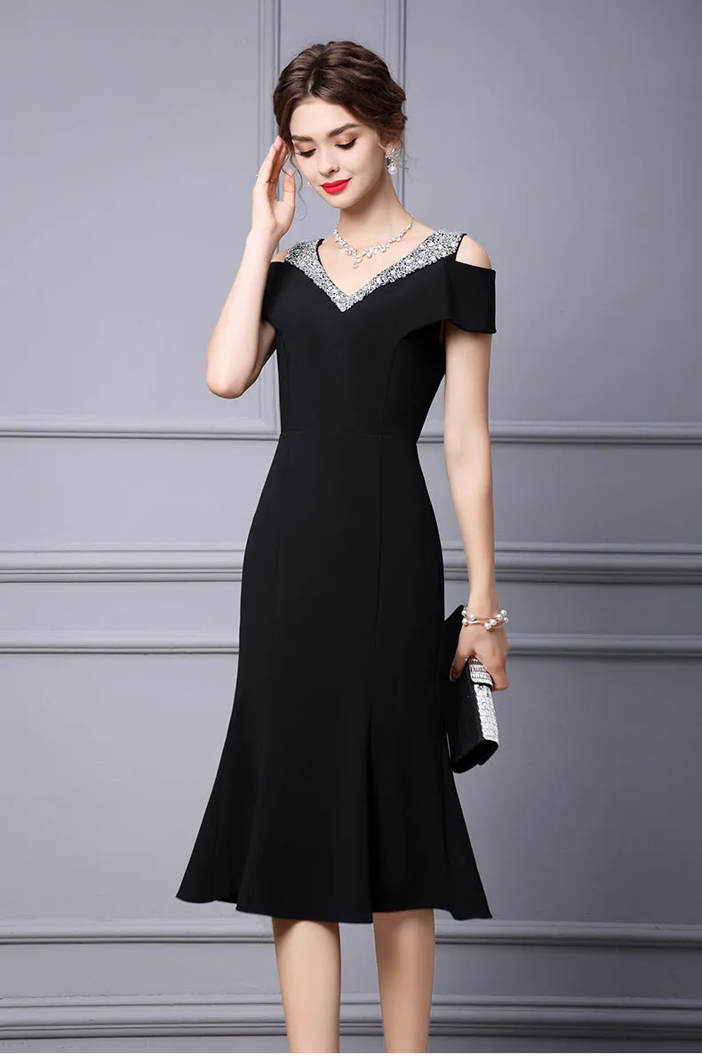 Off Shoulder Midi Fishtail Dress with Rhinestone Trim