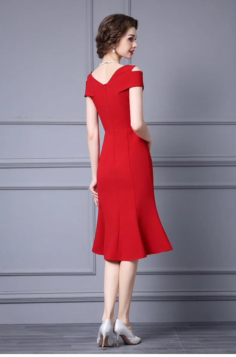 Off Shoulder Midi Fishtail Dress with Rhinestone Trim