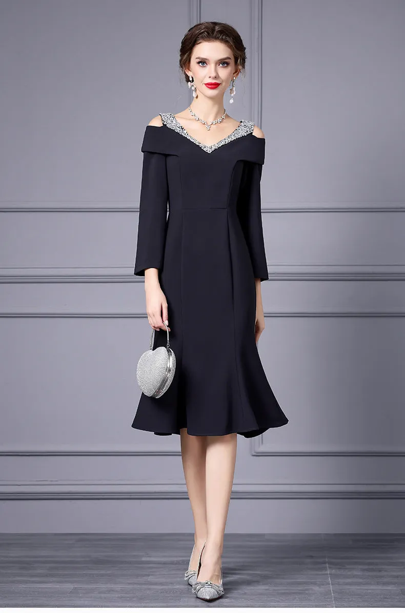 Off Shoulder Midi Fishtail Dress with Rhinestone Trim