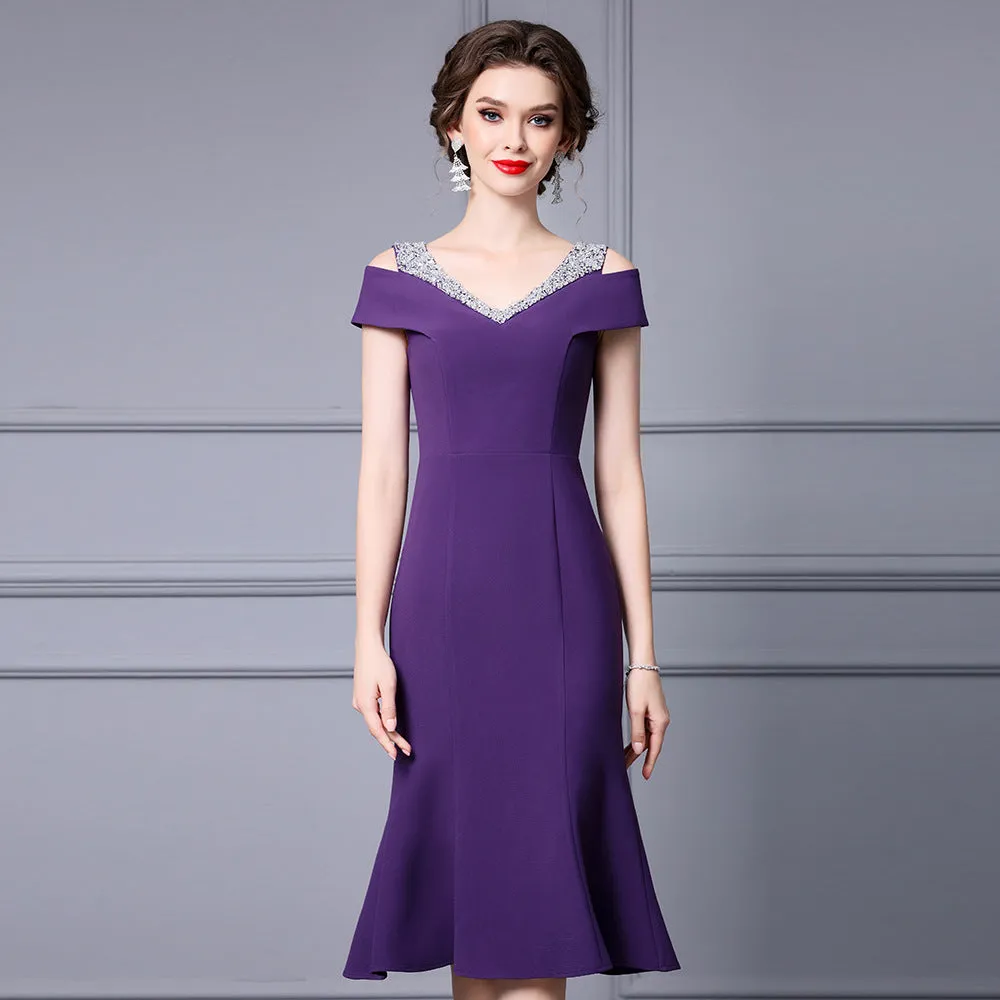 Off Shoulder Midi Fishtail Dress with Rhinestone Trim