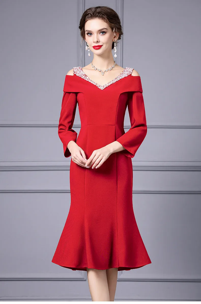 Off Shoulder Midi Fishtail Dress with Rhinestone Trim