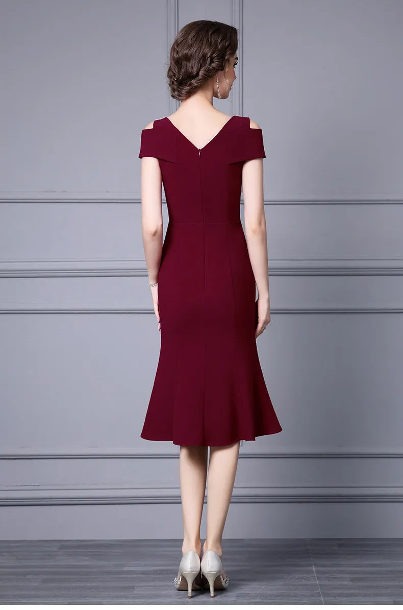 Off Shoulder Midi Fishtail Dress with Rhinestone Trim