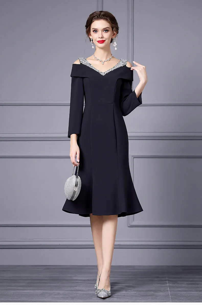 Off Shoulder Midi Fishtail Dress with Rhinestone Trim