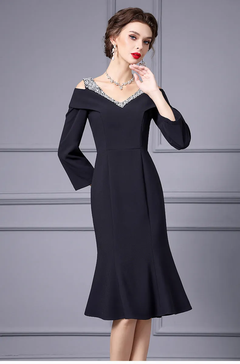 Off Shoulder Midi Fishtail Dress with Rhinestone Trim