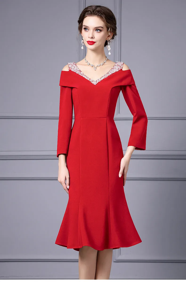 Off Shoulder Midi Fishtail Dress with Rhinestone Trim