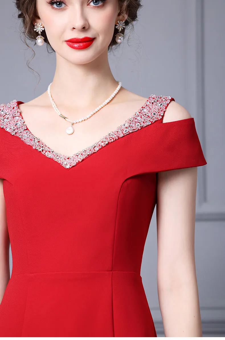 Off Shoulder Midi Fishtail Dress with Rhinestone Trim