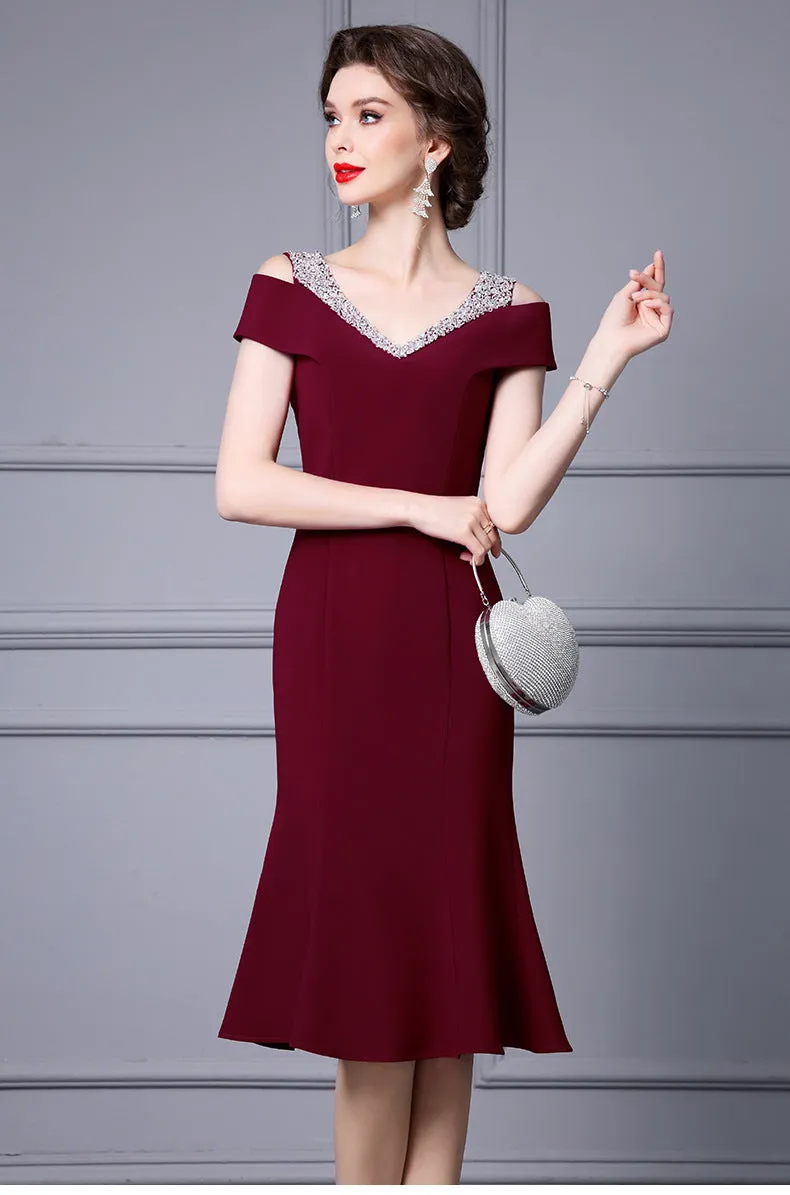 Off Shoulder Midi Fishtail Dress with Rhinestone Trim