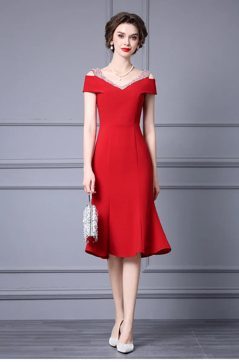 Off Shoulder Midi Fishtail Dress with Rhinestone Trim
