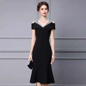 Off Shoulder Midi Fishtail Dress with Rhinestone Trim