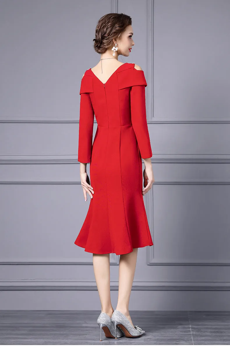 Off Shoulder Midi Fishtail Dress with Rhinestone Trim
