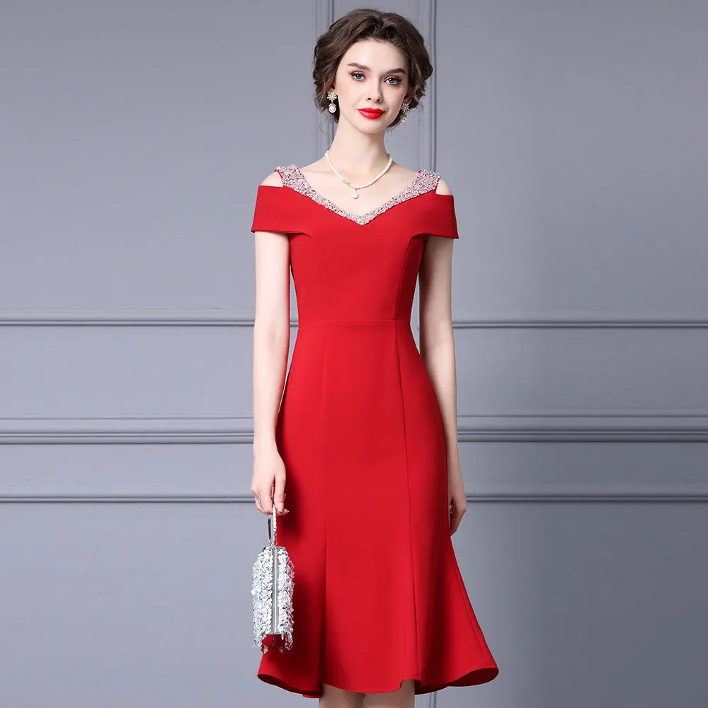 Off Shoulder Midi Fishtail Dress with Rhinestone Trim