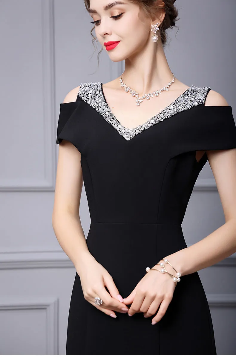 Off Shoulder Midi Fishtail Dress with Rhinestone Trim