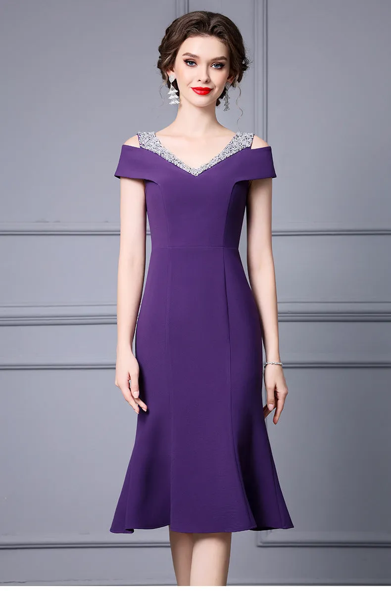 Off Shoulder Midi Fishtail Dress with Rhinestone Trim