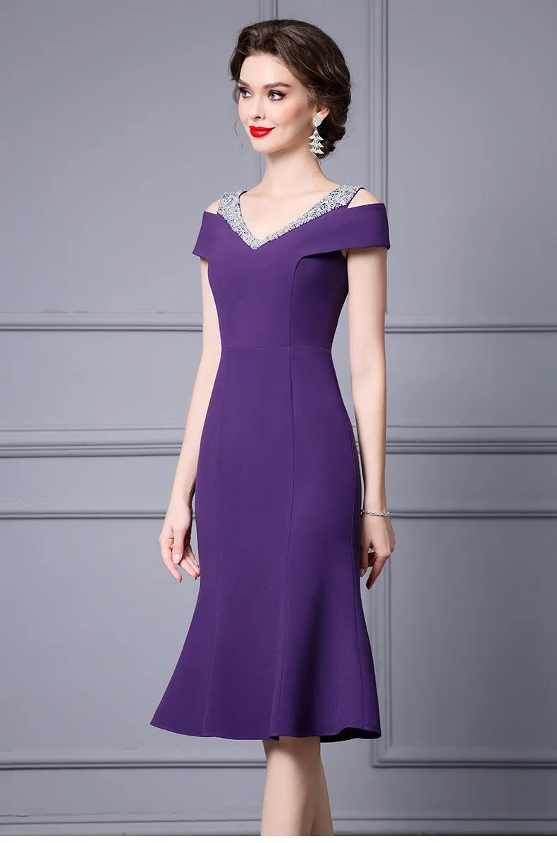 Off Shoulder Midi Fishtail Dress with Rhinestone Trim