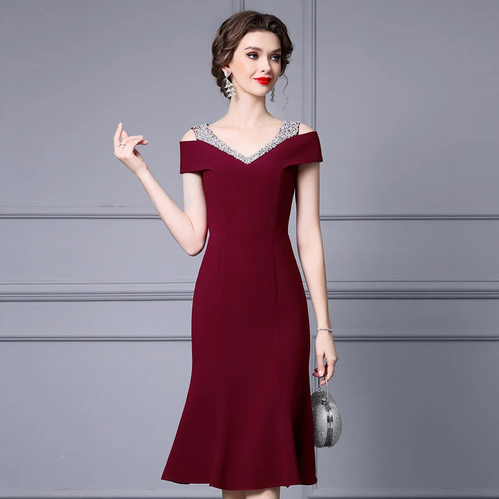 Off Shoulder Midi Fishtail Dress with Rhinestone Trim