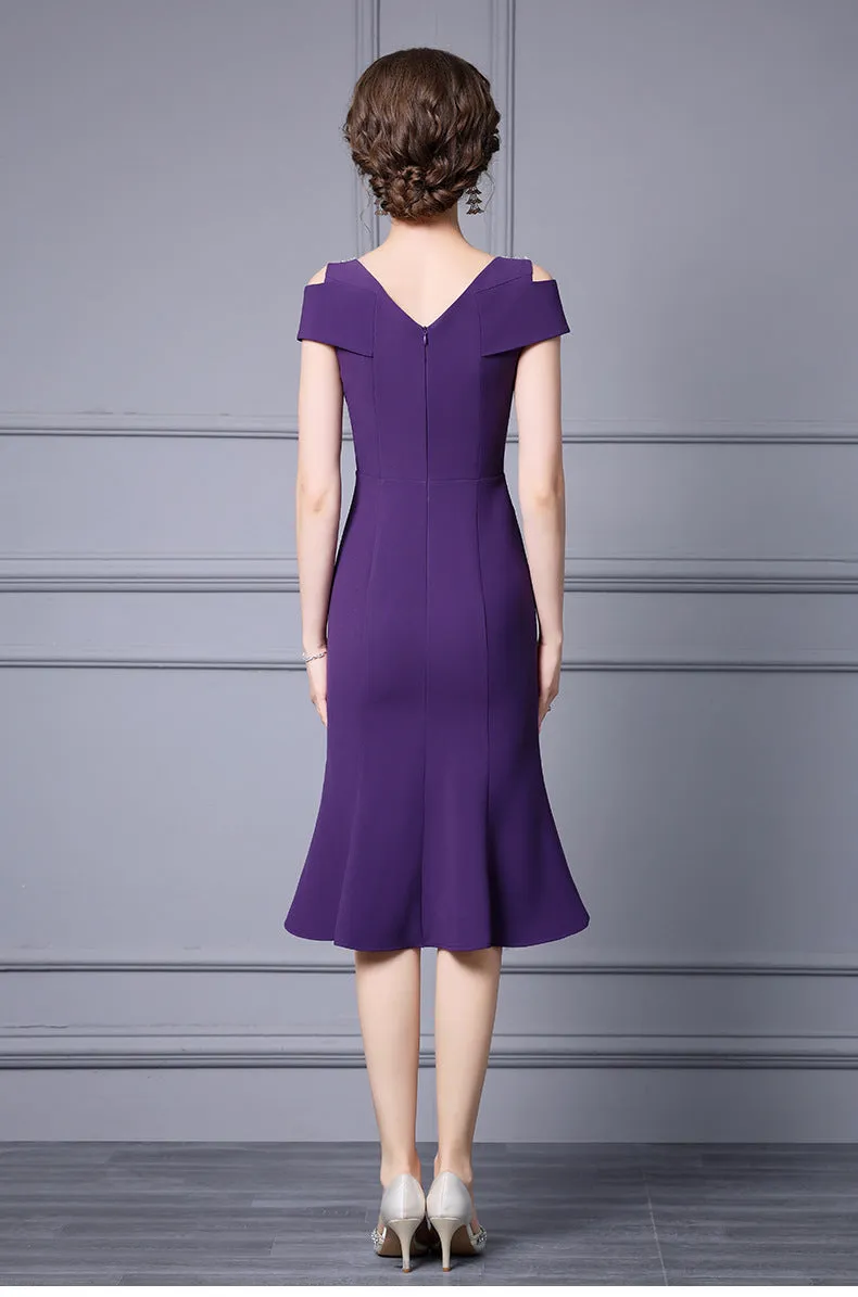 Off Shoulder Midi Fishtail Dress with Rhinestone Trim