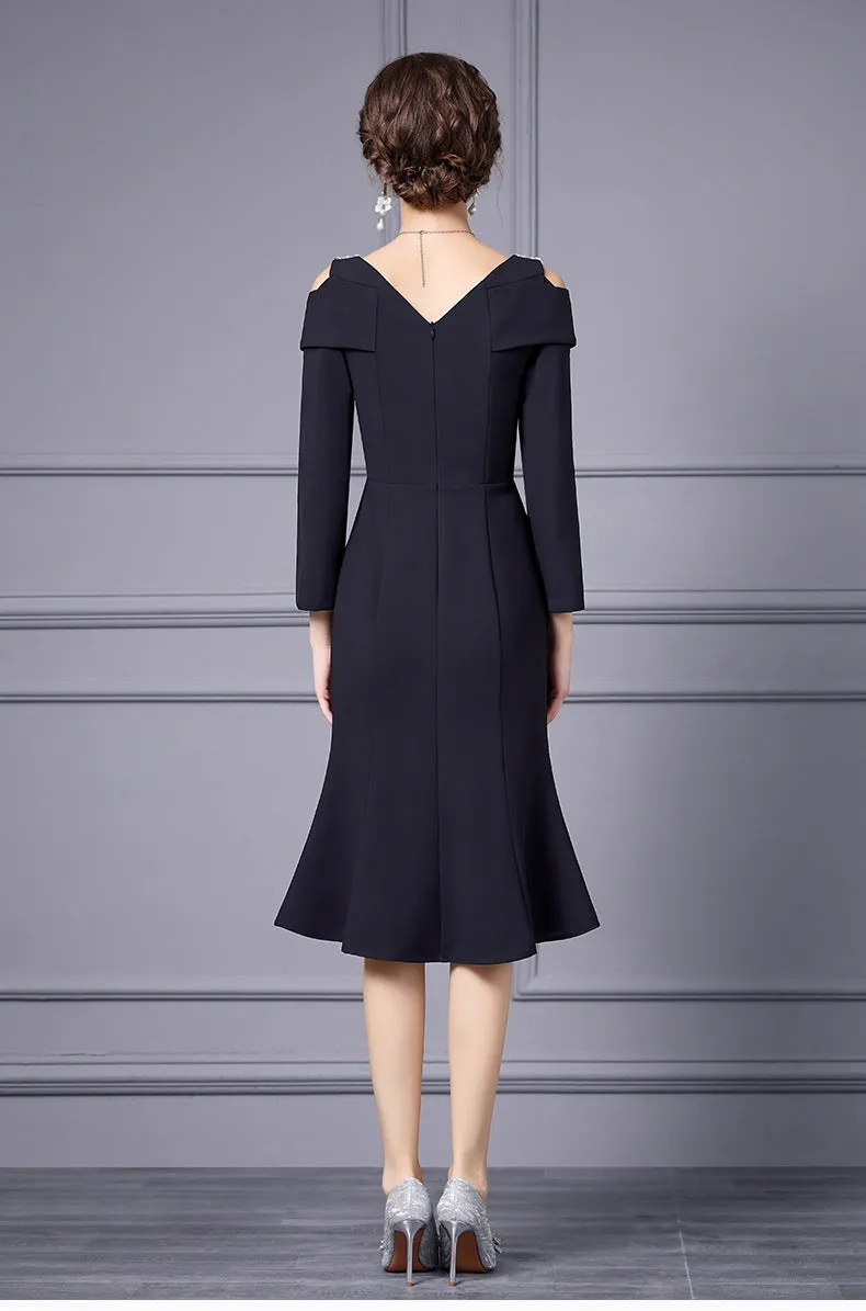 Off Shoulder Midi Fishtail Dress with Rhinestone Trim