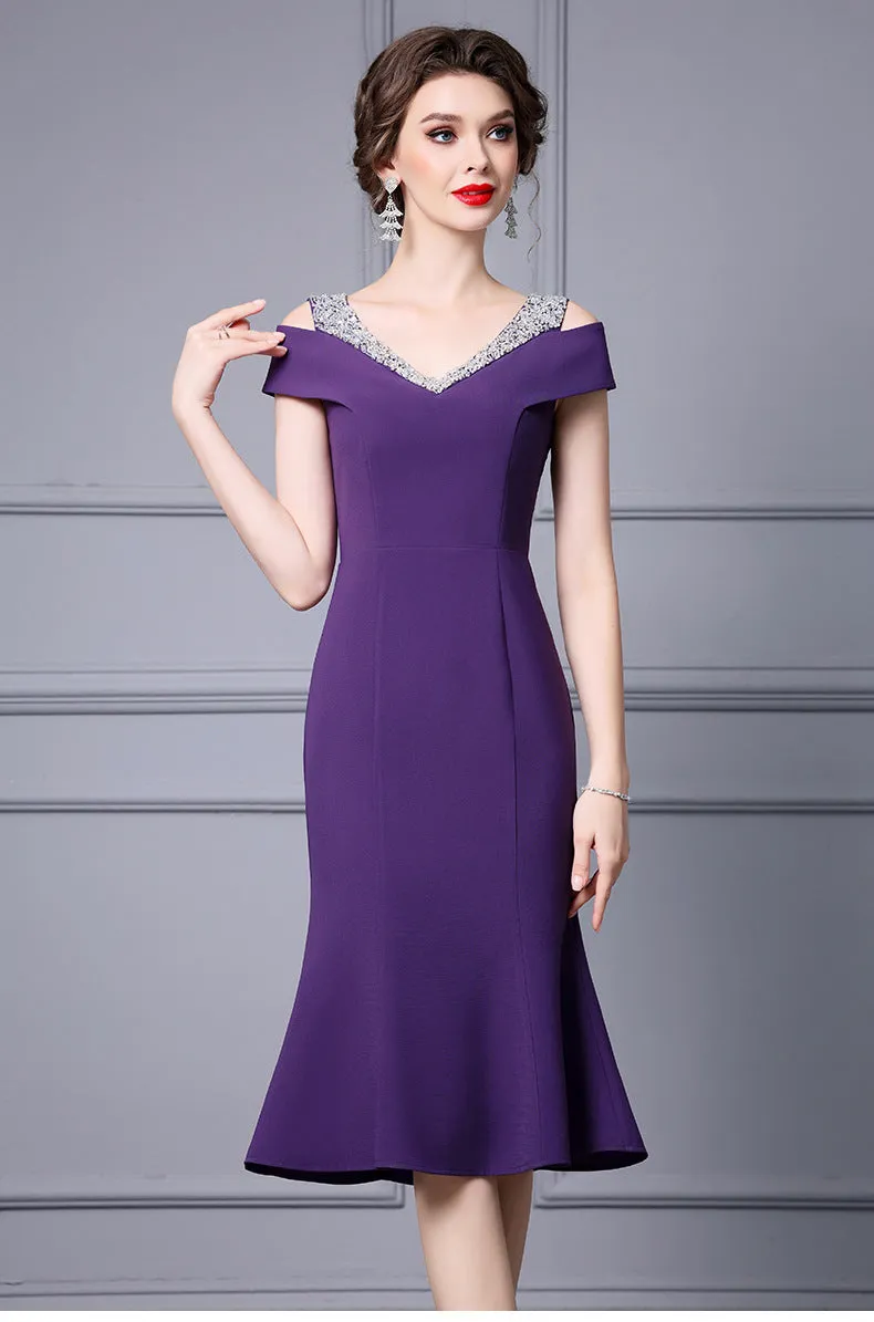 Off Shoulder Midi Fishtail Dress with Rhinestone Trim