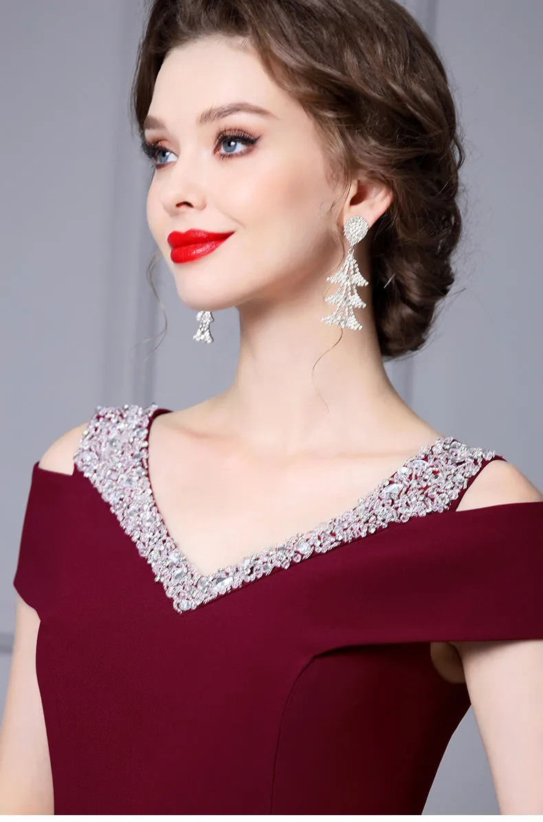 Off Shoulder Midi Fishtail Dress with Rhinestone Trim