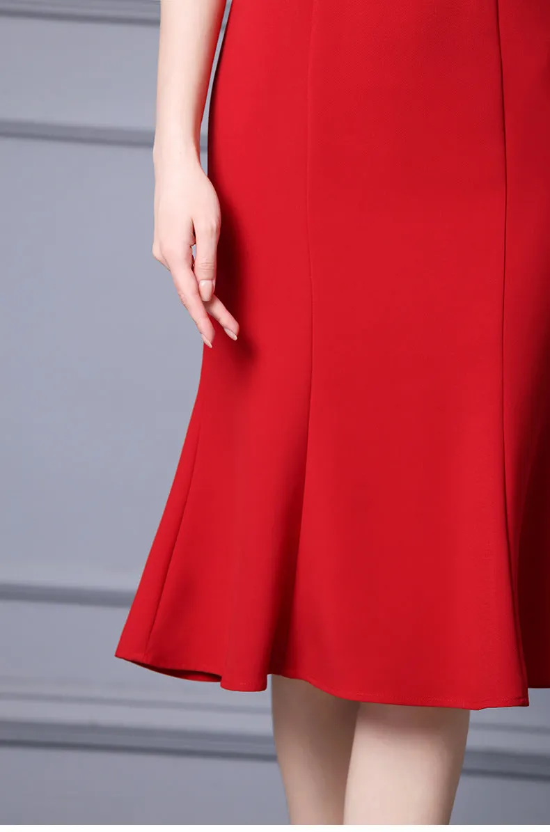 Off Shoulder Midi Fishtail Dress with Rhinestone Trim