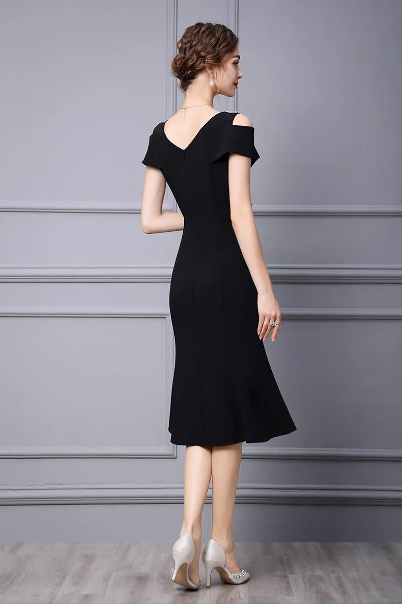 Off Shoulder Midi Fishtail Dress with Rhinestone Trim