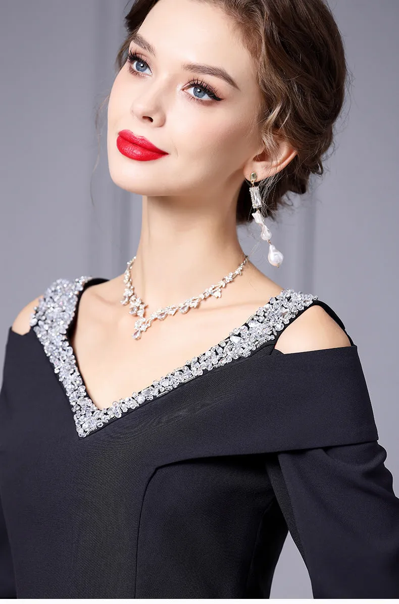 Off Shoulder Midi Fishtail Dress with Rhinestone Trim