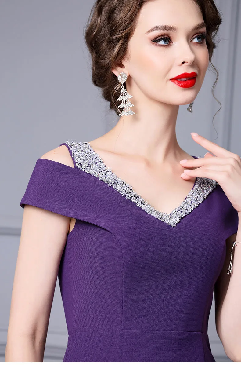 Off Shoulder Midi Fishtail Dress with Rhinestone Trim