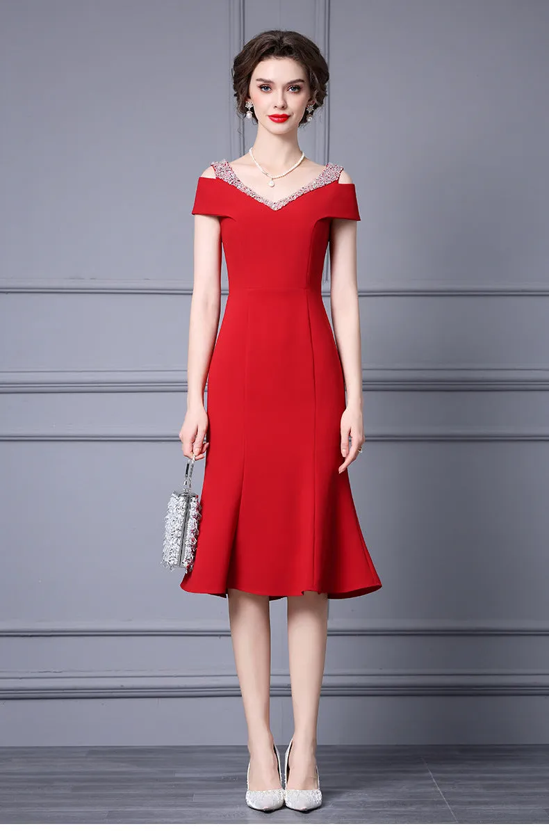 Off Shoulder Midi Fishtail Dress with Rhinestone Trim