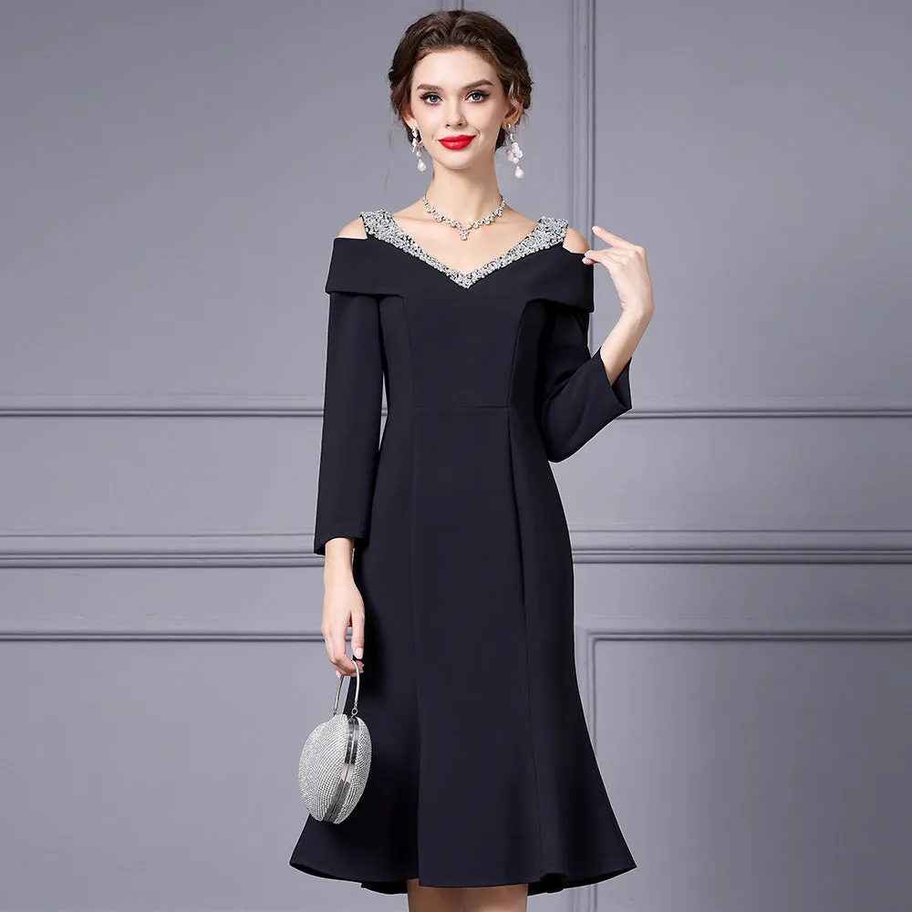 Off Shoulder Midi Fishtail Dress with Rhinestone Trim