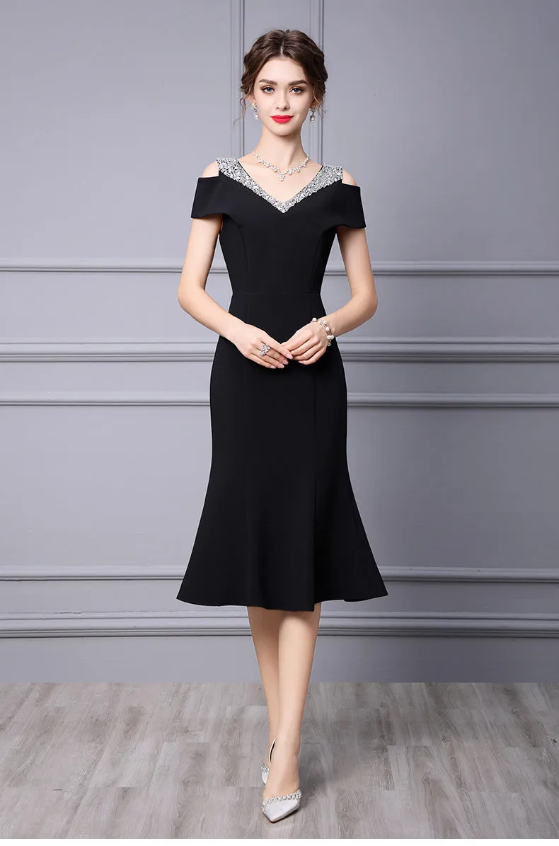 Off Shoulder Midi Fishtail Dress with Rhinestone Trim