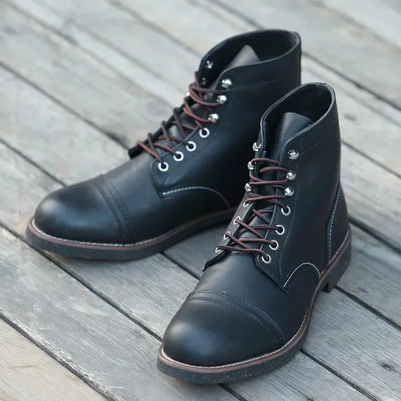 Official Design Vintage Real Leather Cowhide Wings Top Quality Round Toe Ankle Boots Spring Winter Safety Motorcycle Boot