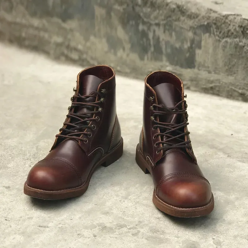 Official Design Vintage Real Leather Cowhide Wings Top Quality Round Toe Ankle Boots Spring Winter Safety Motorcycle Boot