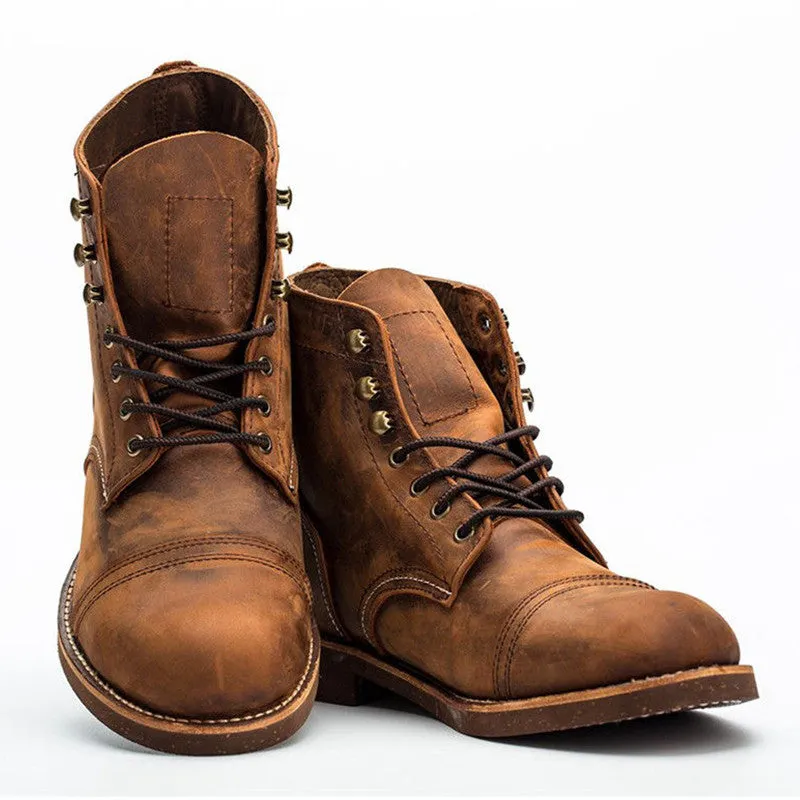 Official Design Vintage Real Leather Cowhide Wings Top Quality Round Toe Ankle Boots Spring Winter Safety Motorcycle Boot
