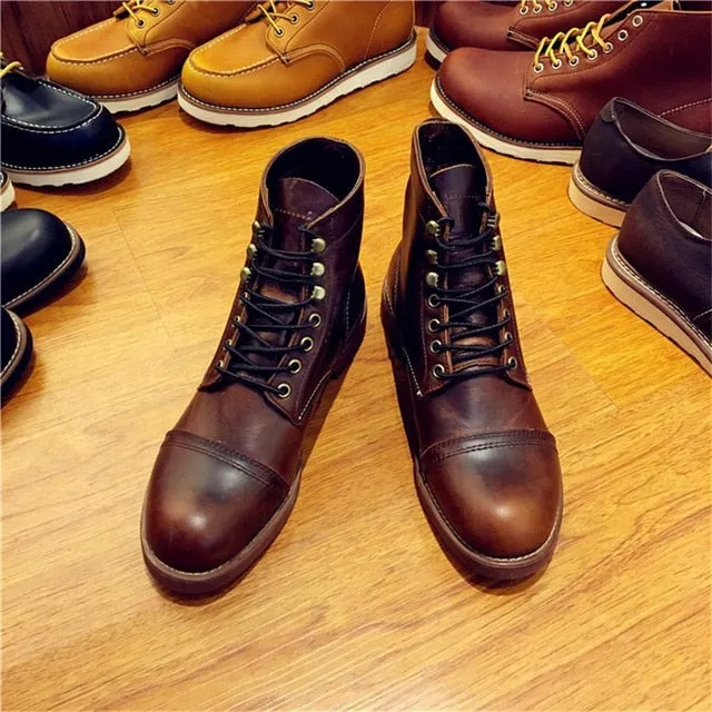Official Design Vintage Real Leather Cowhide Wings Top Quality Round Toe Ankle Boots Spring Winter Safety Motorcycle Boot