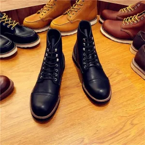 Official Design Vintage Real Leather Cowhide Wings Top Quality Round Toe Ankle Boots Spring Winter Safety Motorcycle Boot