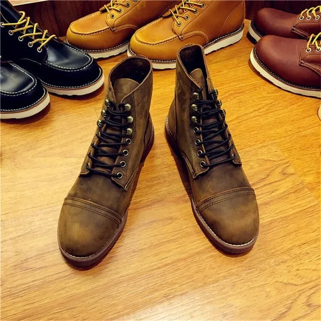 Official Design Vintage Real Leather Cowhide Wings Top Quality Round Toe Ankle Boots Spring Winter Safety Motorcycle Boot