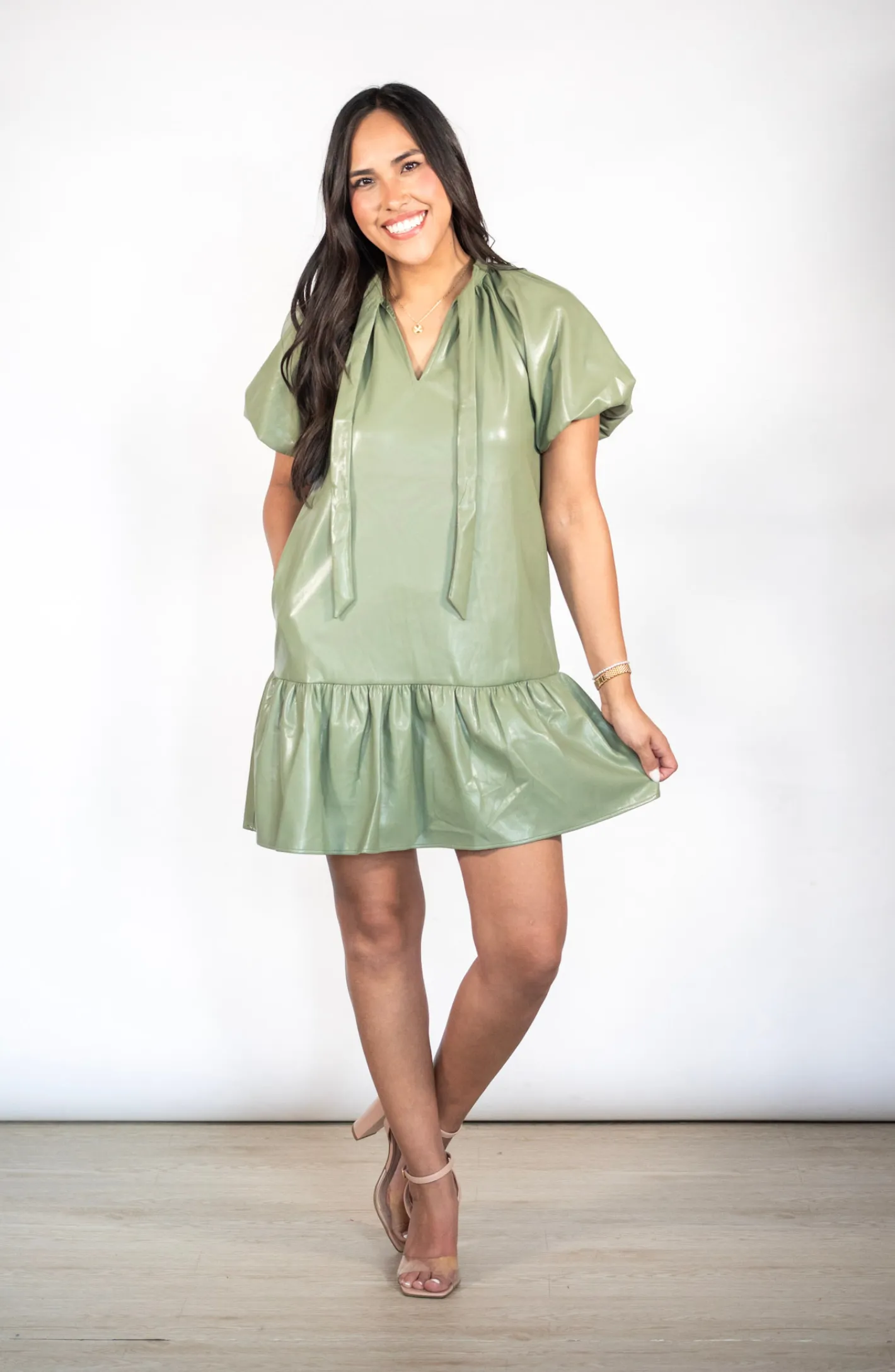One Of A Kind Olive Green Faux Leather Mini Dress