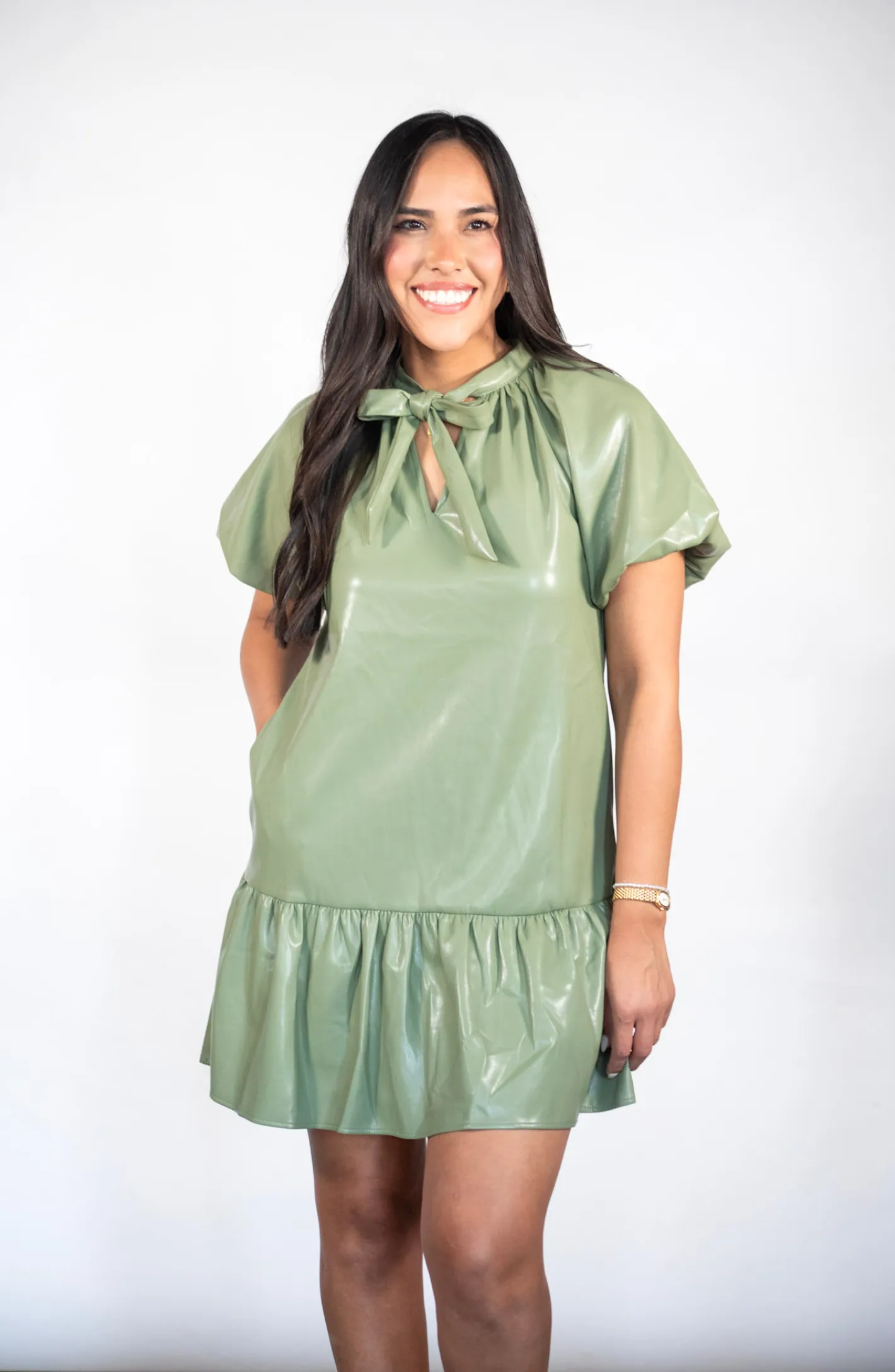 One Of A Kind Olive Green Faux Leather Mini Dress