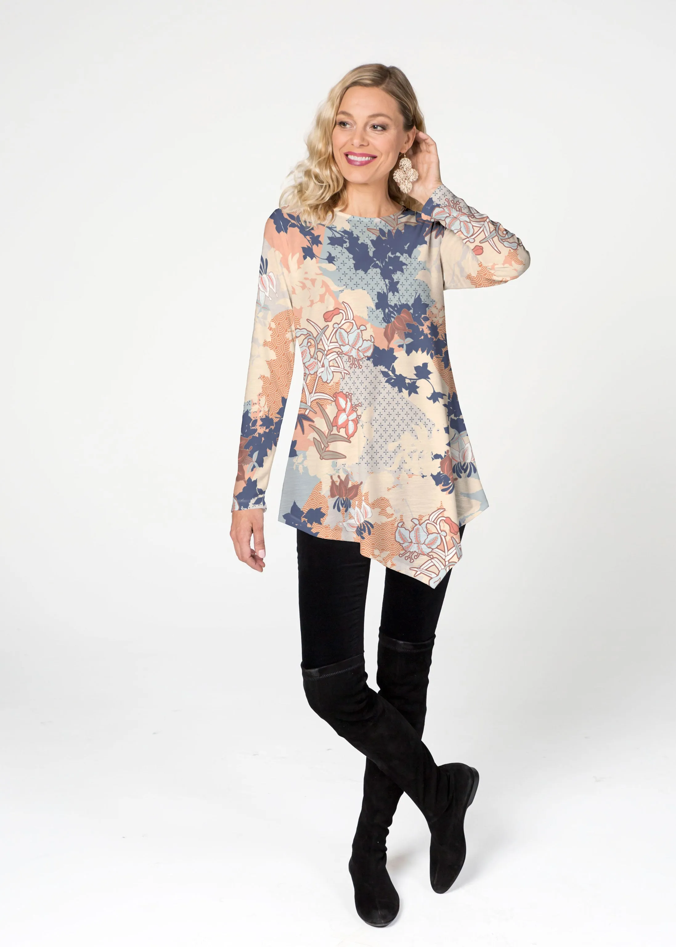 Oriental Floral (7868) ~ Asymmetrical French Terry Tunic