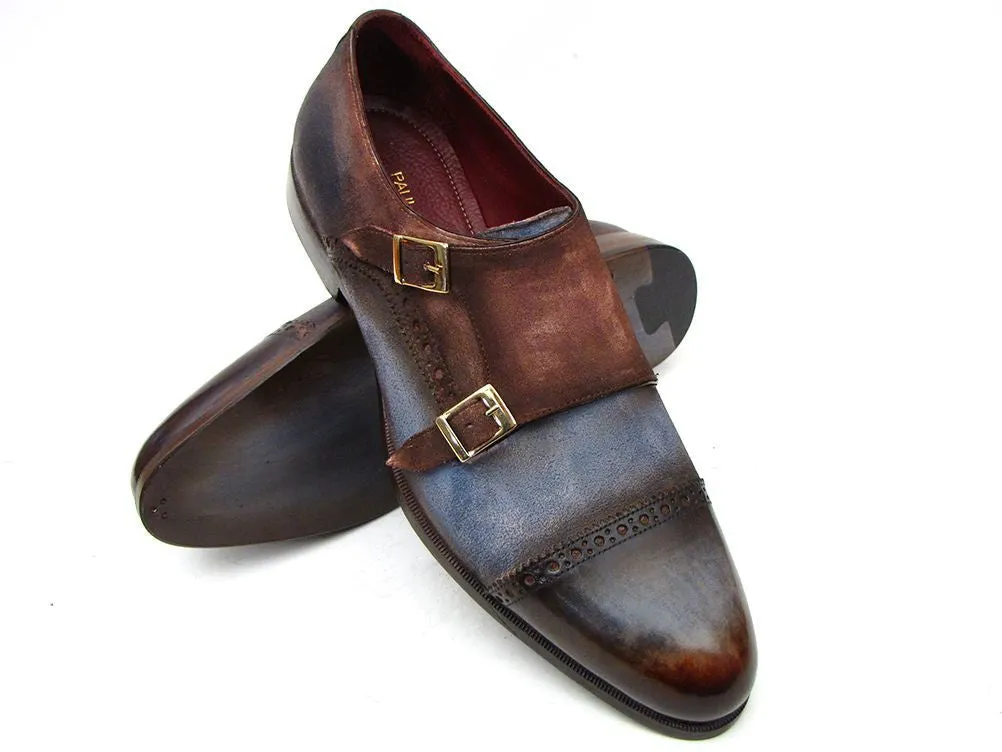 Paul Parkman Suede Captoe Monkstrap Shoes Blue/Brown