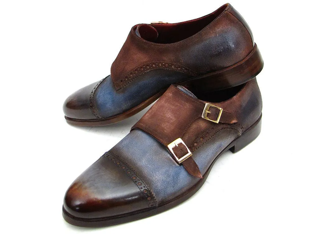Paul Parkman Suede Captoe Monkstrap Shoes Blue/Brown