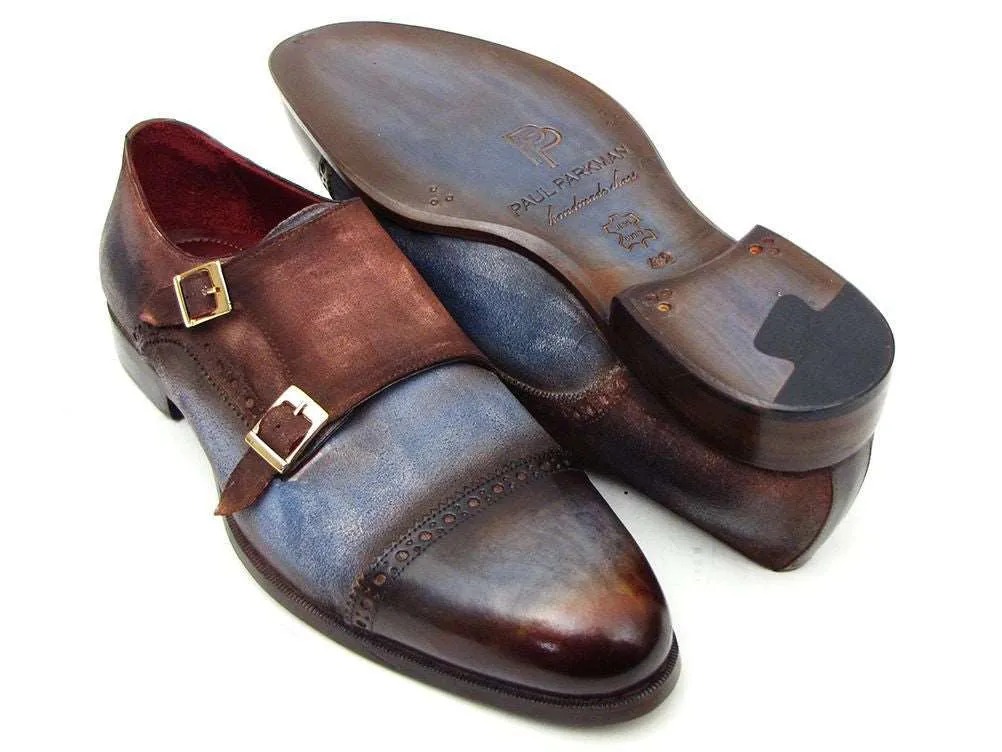 Paul Parkman Suede Captoe Monkstrap Shoes Blue/Brown