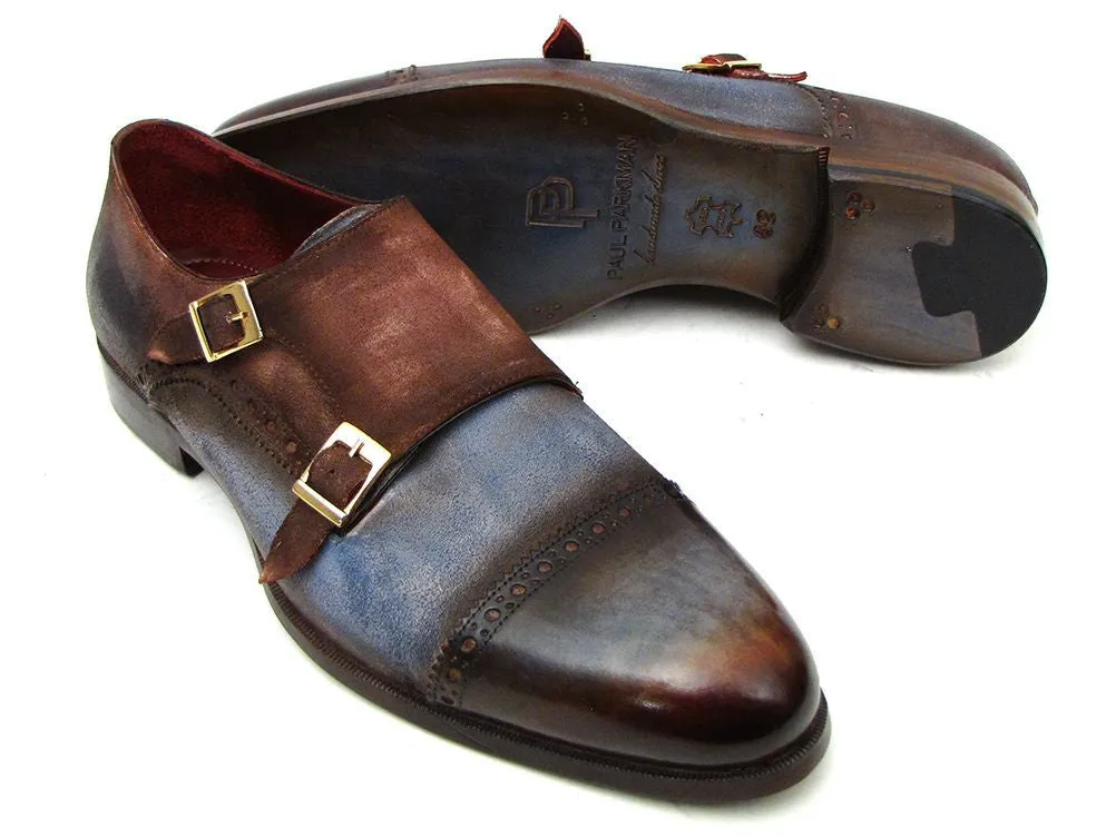 Paul Parkman Suede Captoe Monkstrap Shoes Blue/Brown