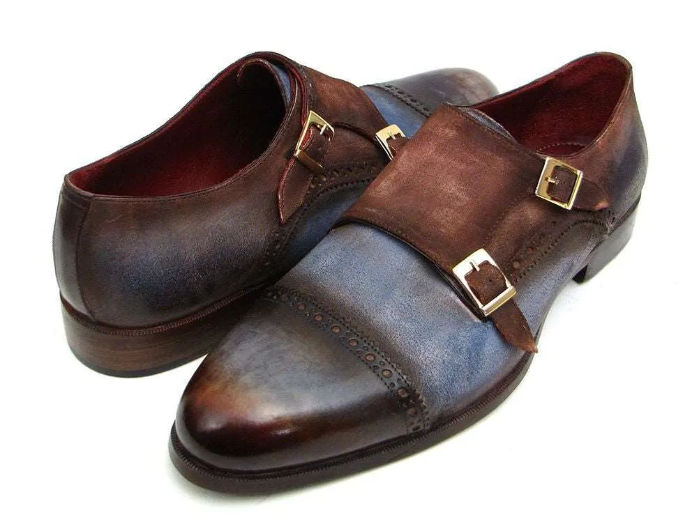 Paul Parkman Suede Captoe Monkstrap Shoes Blue/Brown