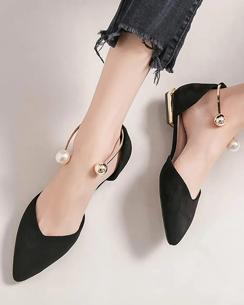 Pearl Buckle Pointed Toe Flat Loafers
