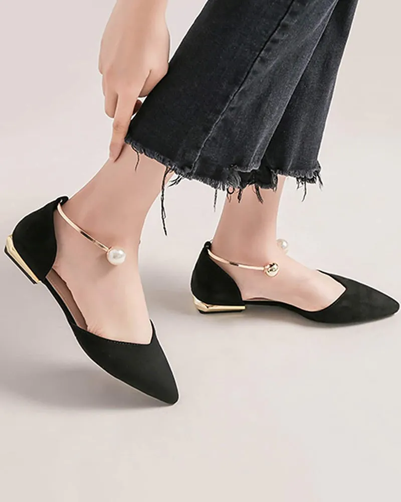 Pearl Buckle Pointed Toe Flat Loafers