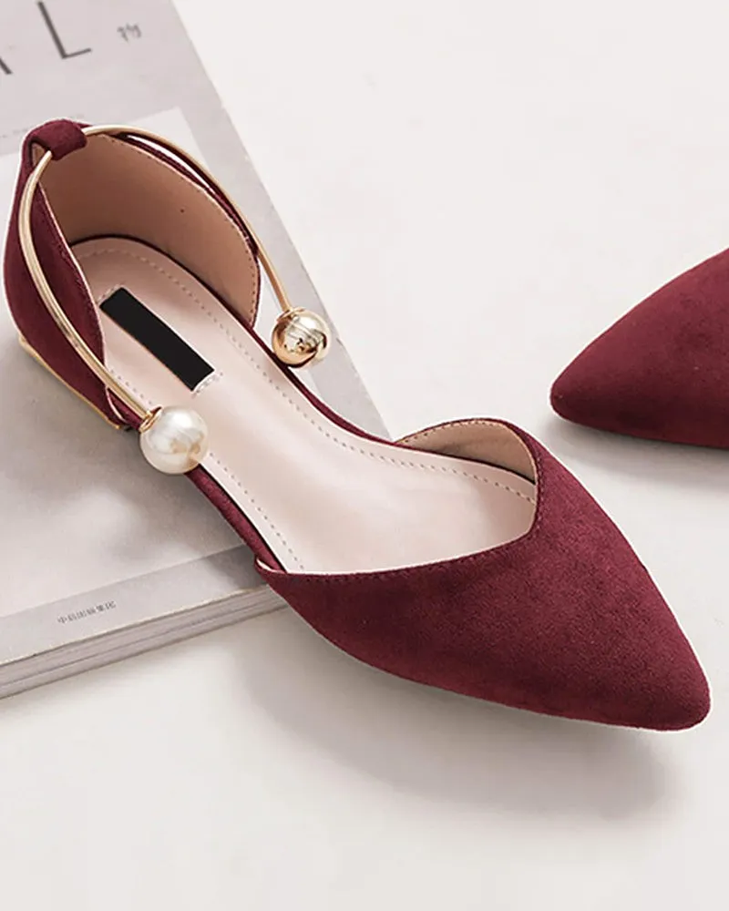 Pearl Buckle Pointed Toe Flat Loafers